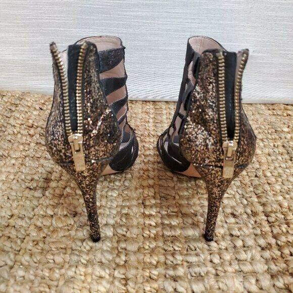 Vince Camuto Caged Heels 7.5 Black Leather Glitter Back Zip Bootie Shoe - Picture 4 of 11